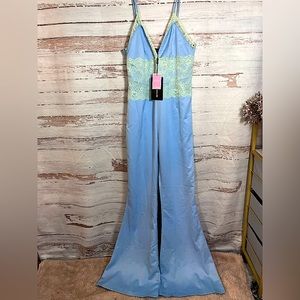 NWT! PrettyLittleThing Pastel Blue Lace Trim Satin Jumpsuit 10